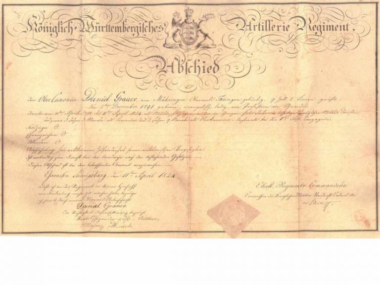 Entlassungsurkunde des Auwanderers Daniel Grauer aus den Köngilich-Württembergischen Artillerie Regiment